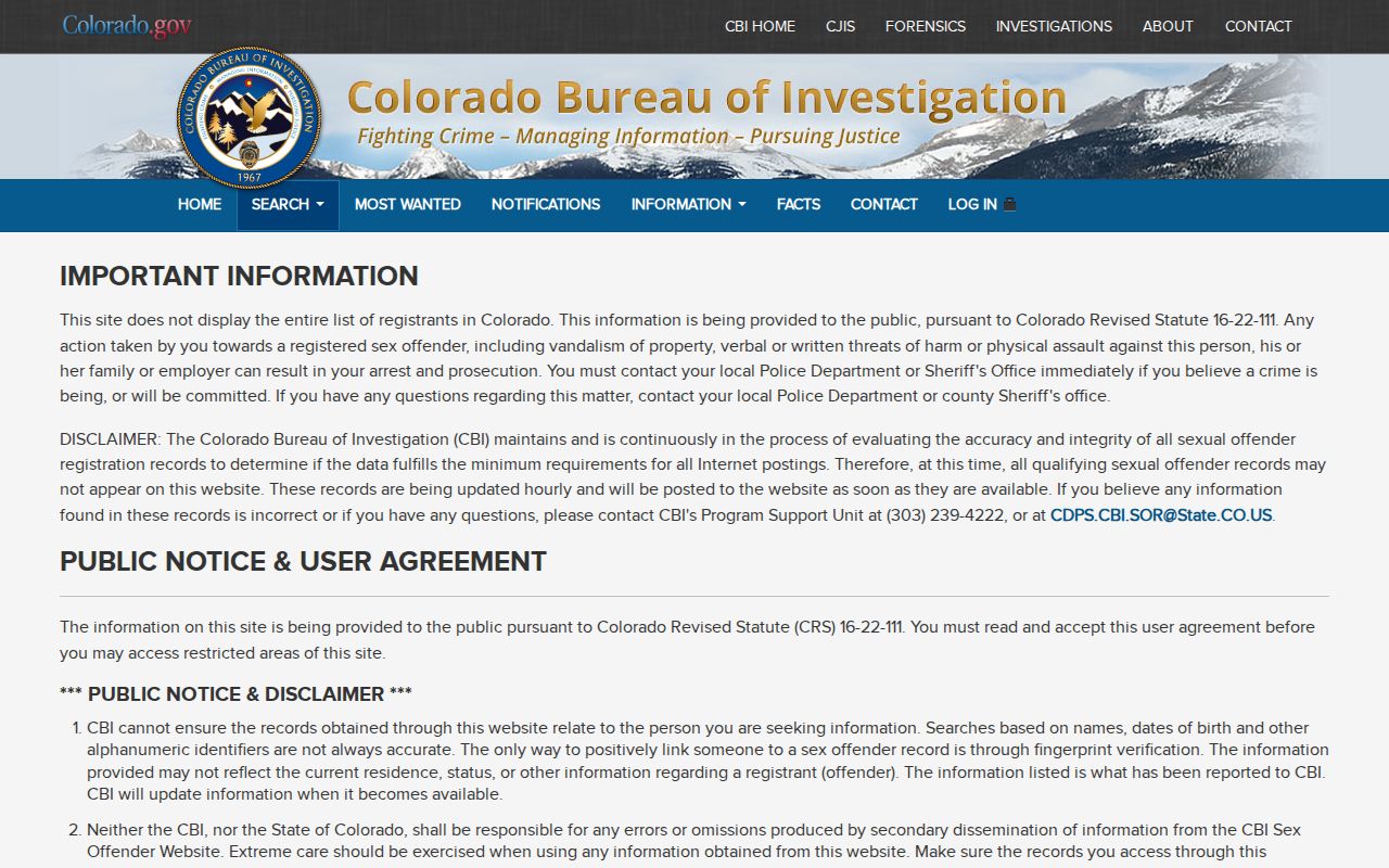 Colorado CBI registry photo source for qualifying La Plata County released registrants